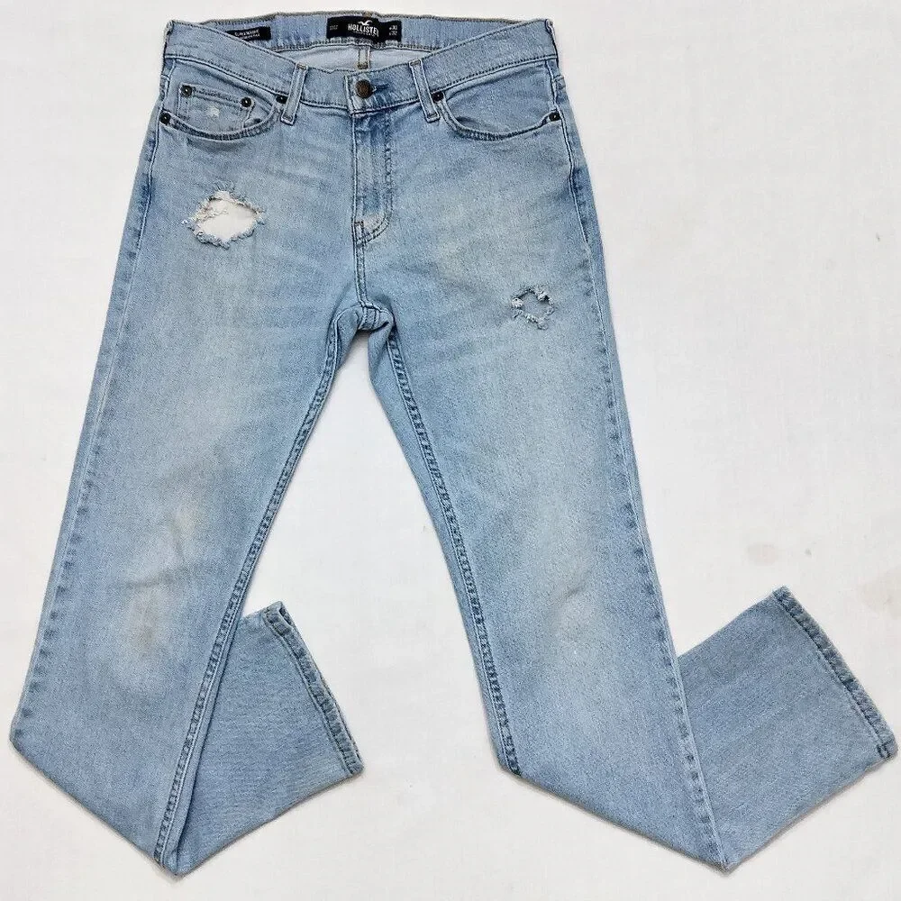 HOLLISTER Distressed Jeans Slim Straight Epic Flex Light Wash Denim Mens 30 x 32